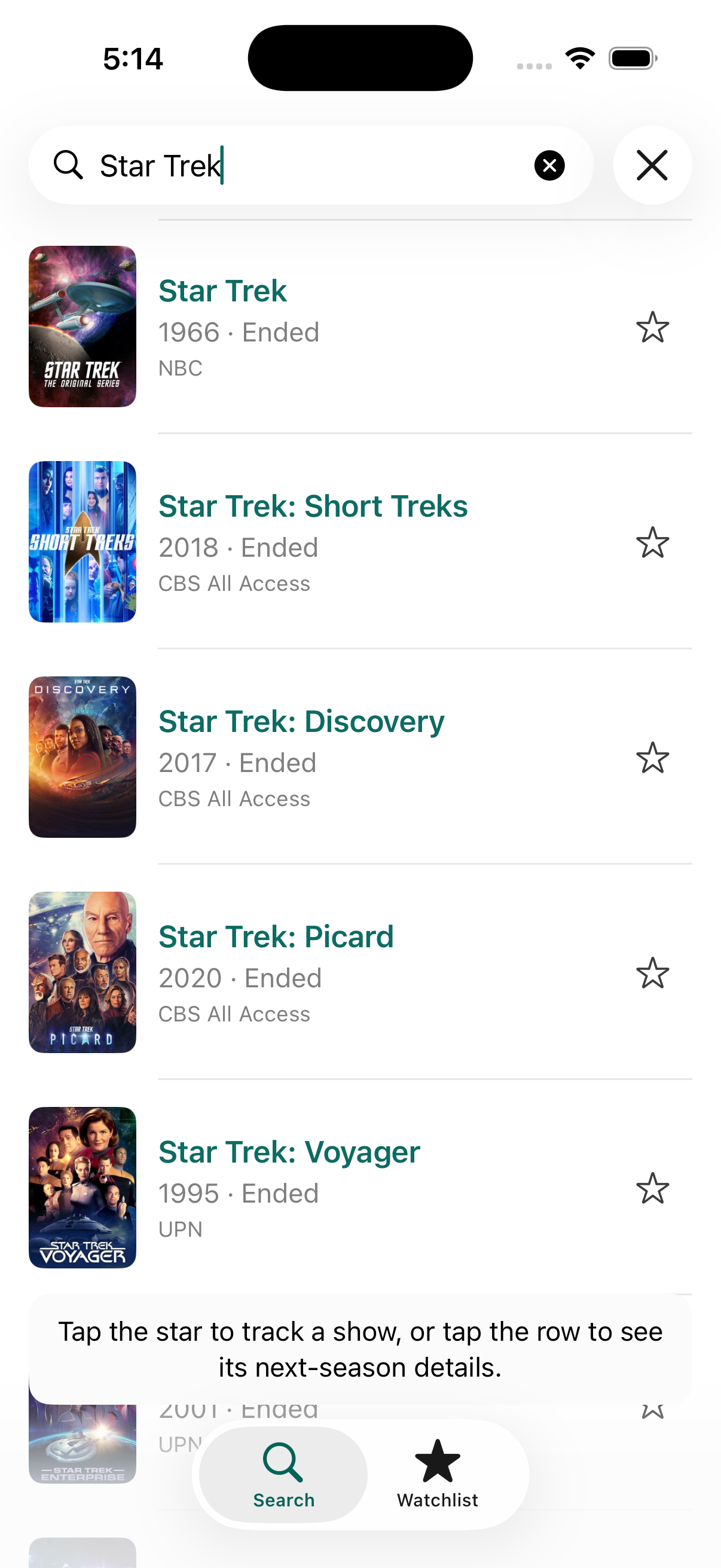 NextSeason TV search results showing Star Trek series