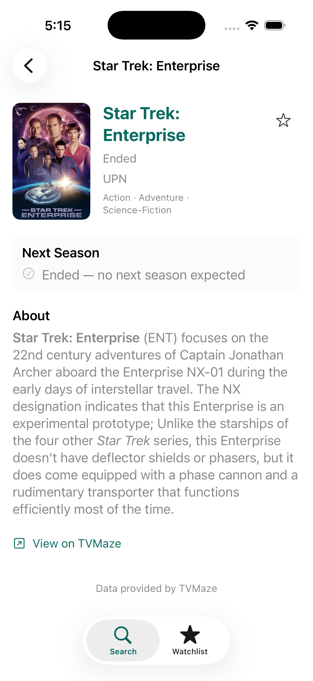 NextSeason TV show details showing next-season status