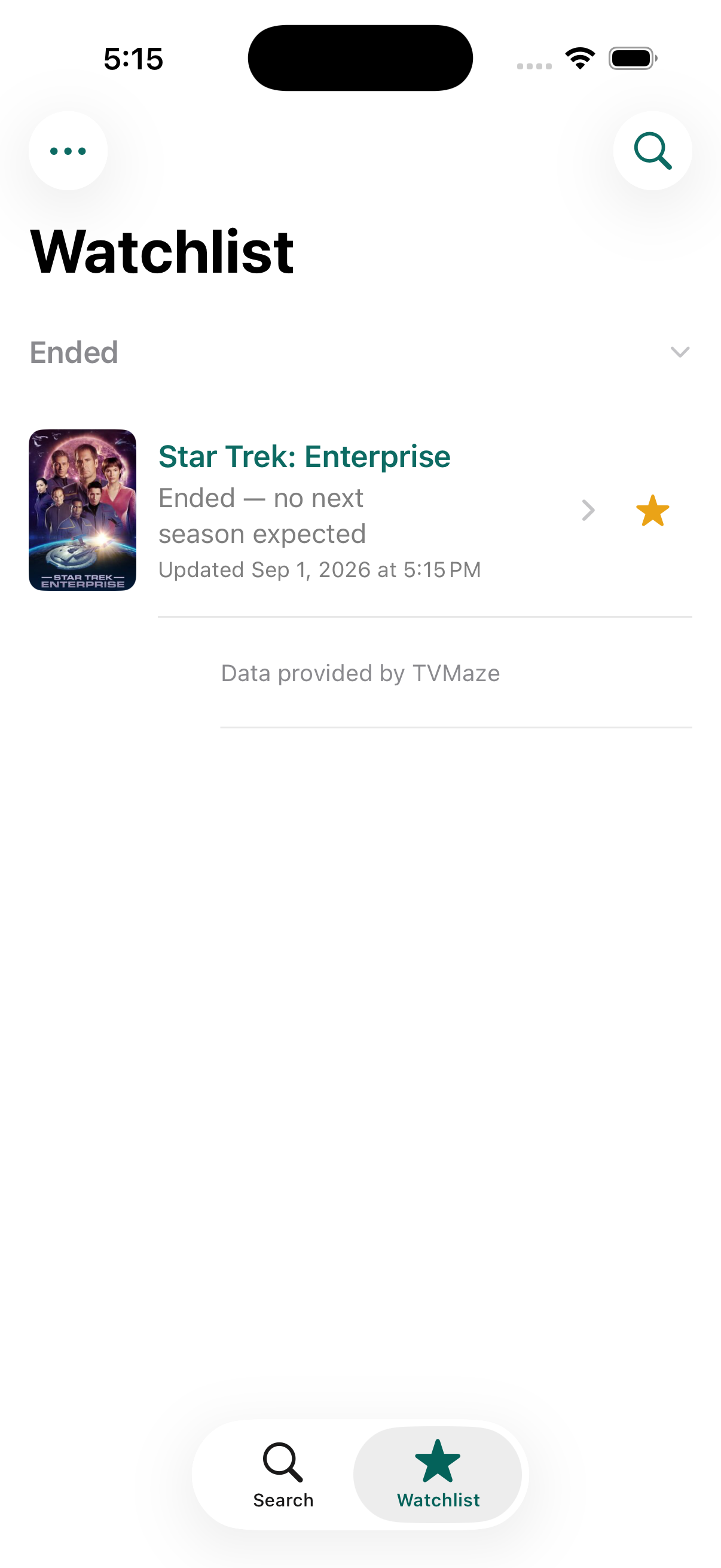 NextSeason TV watchlist showing a tracked series
